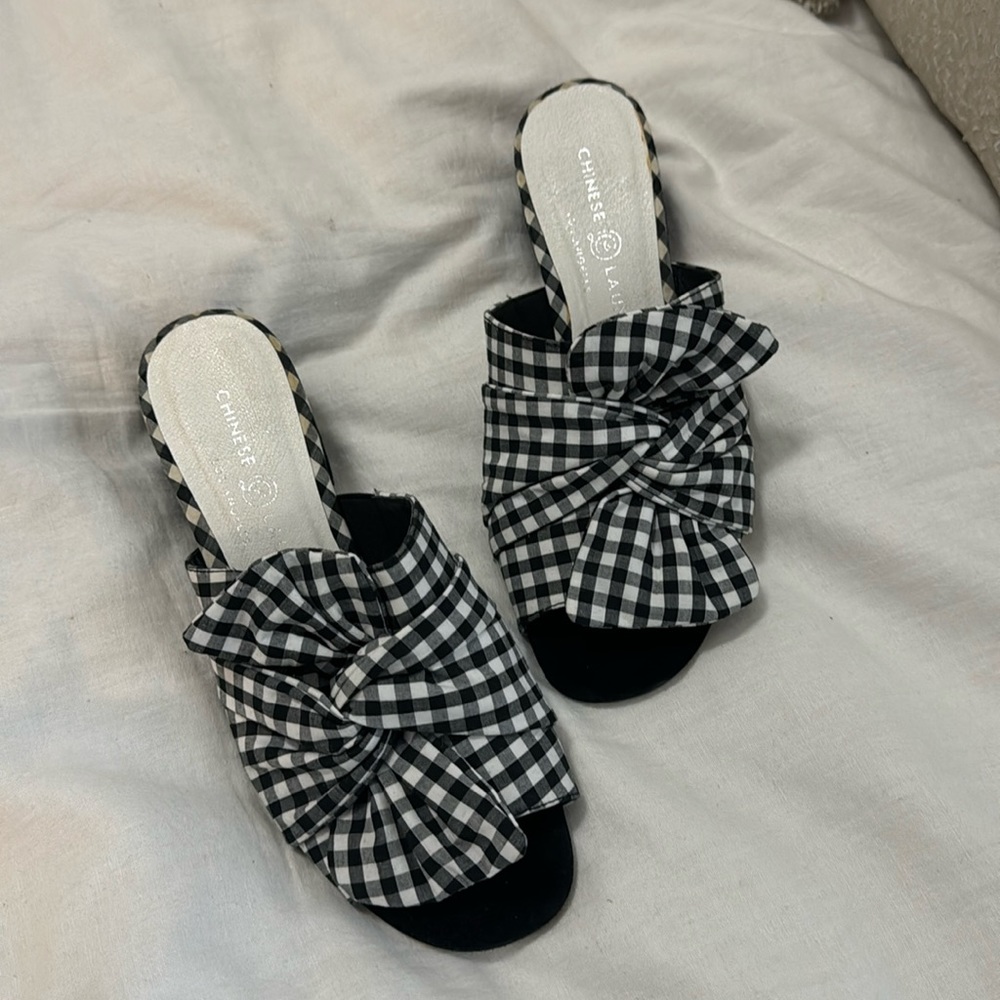 Checkered Black and White Bow block heels